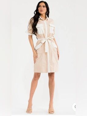 NWT La Diosa Beige Contrast Utility Shirt Dress Belted Linen Blend Size L